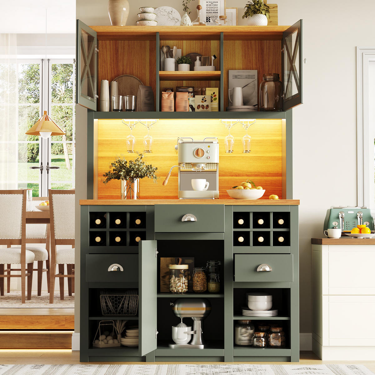 GESCHIRRSCHRANK aus MDF & Glas 120x45x188cm in Antique Green mit LED & Steckdosen - Dunkelgrün, Holzwerkstoff (120/188/45cm) - Modfu