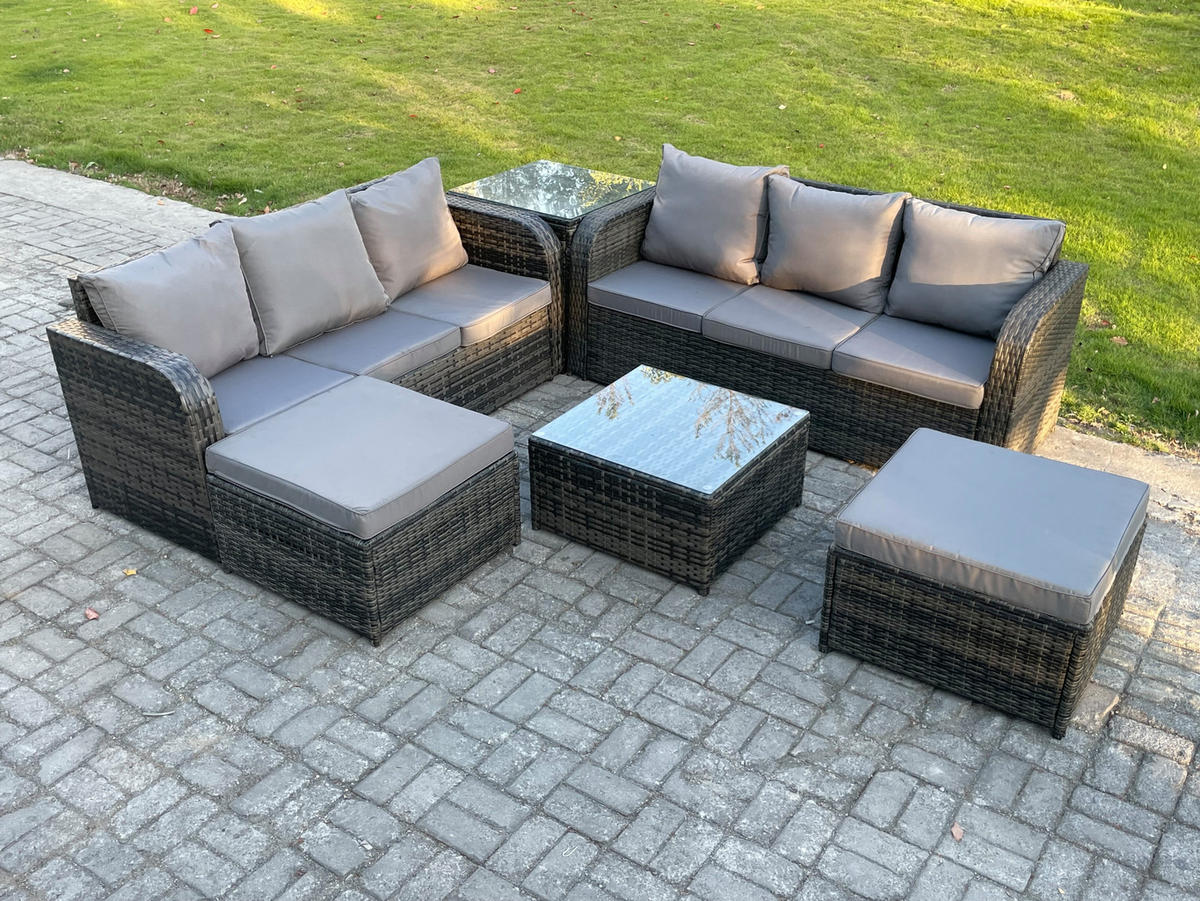 GARTENMÖBEL SET mit 3-SITZER SOFA Polyrattan Dunkelgrau 8-Sitzer - Dunkelgrau/Grau, Glas/Kunststoff - Fimous