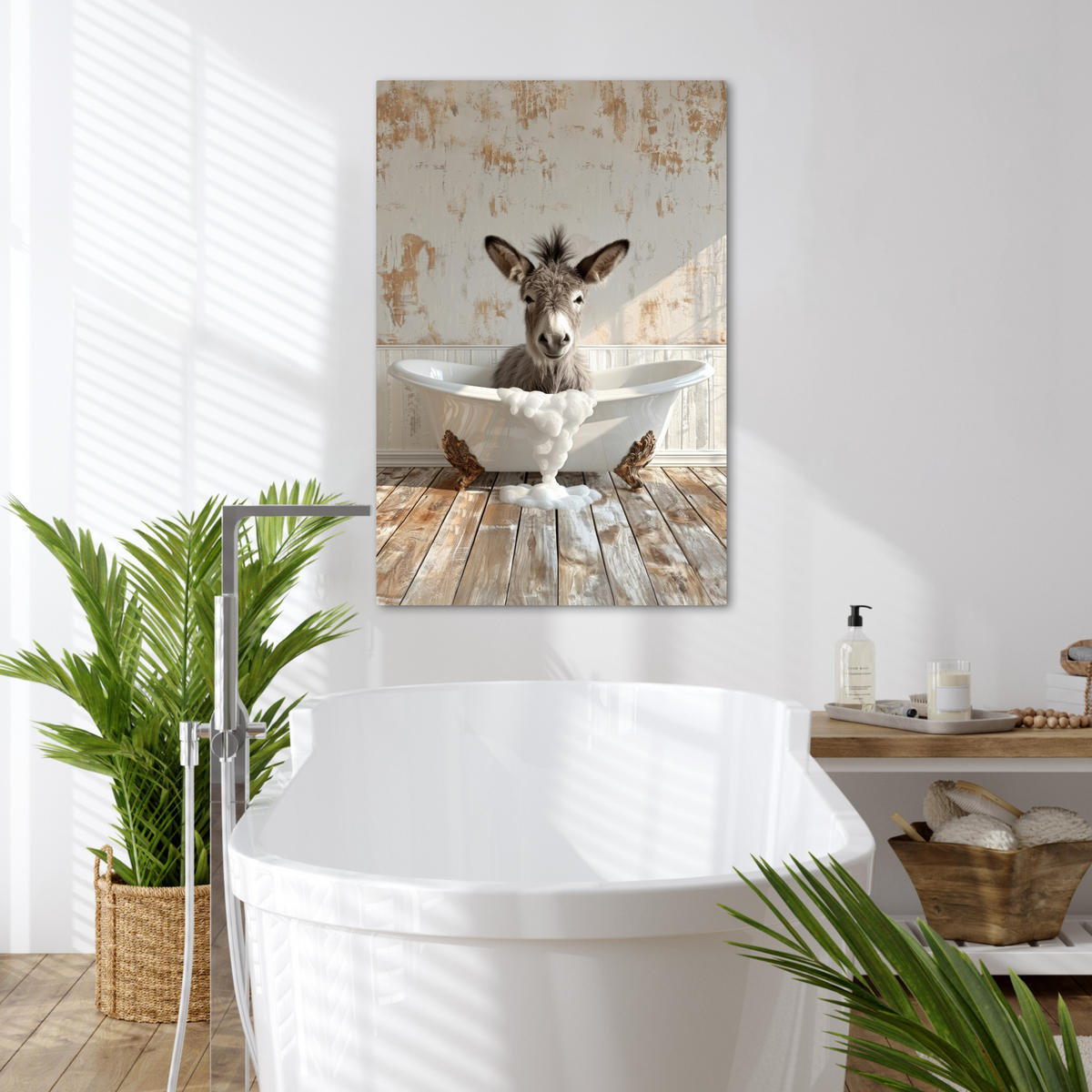 LEINWANDBILD Esel - Tiere - Badewanne - Schaumstoff 60x90 cm - Weiß, Textil (60/90cm) - MuchoWow