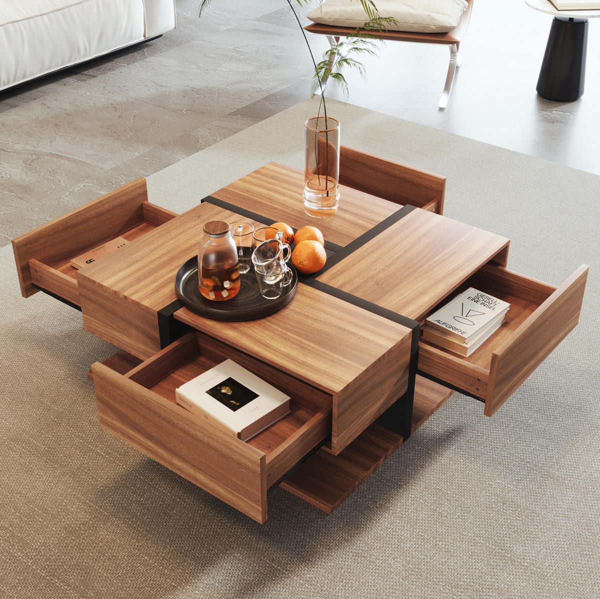 COUCHTISCH aus Spanplatte 78x78x36 cm in Natur mit 4 Schubladen - Naturfarben, Holzwerkstoff (78/78/36cm) - Modfu