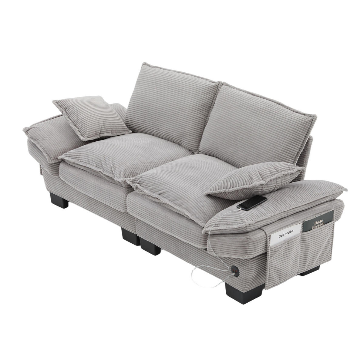 SOFA 2-Sitzer mit USB-C ca. 190 x 73 x 84 cm Cord Hellgrau - Hellgrau, Kunststoff (73/84/190cm) - Meubliv