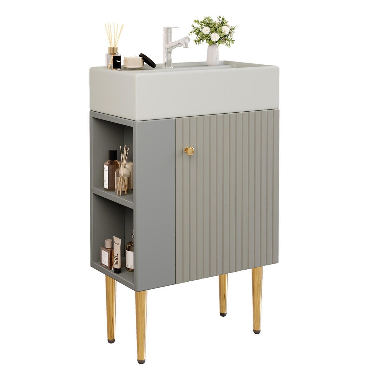 WASCHTISCHKOMBI 55/31/91 cm grau/weiß aus MDF mit Keramikbecken und Ablagefächern - Grau, Holzwerkstoff (55/91.5/31cm) - OKWISH