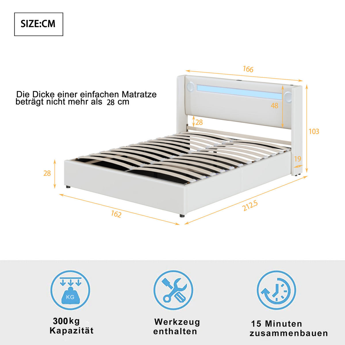 POLSTERBETT mit Bettkasten 160/200 cm in Weiß mit LED, Bluetooth und USB - Weiß, Kunststoff (160/200cm) - BEAOK