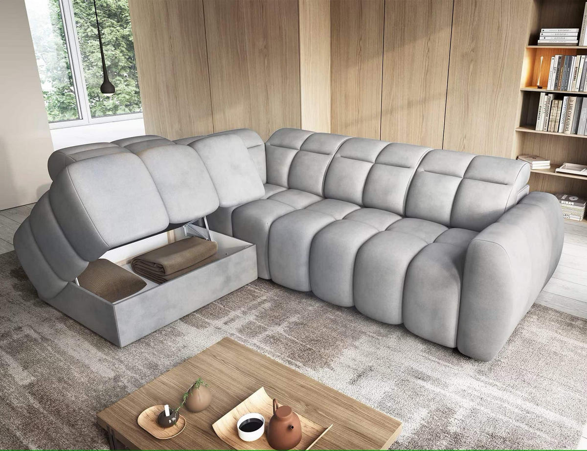 ECKSOFA mit elektrischem Sitzvorschub, Bettkasten und verstellbare Kopflehnen - Grau, Naturmaterialien/Textil (258/208cm) - Eltap