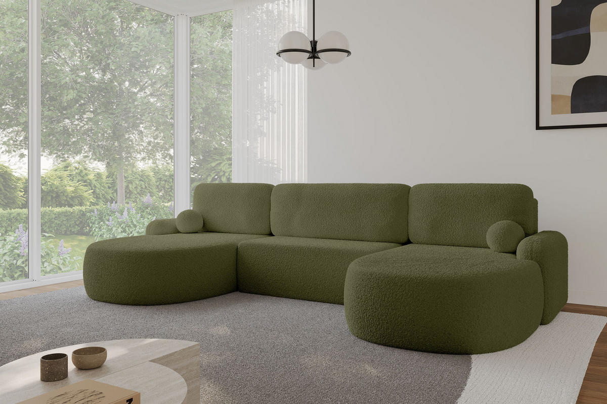 WOHNLANDSCHAFT mit Schlaffunktion und Bettkasten LIRA-U - 335x172x89 Grün - Pastellgrün, Holzwerkstoff/Textil (335/89/172cm) - ALTDECOR