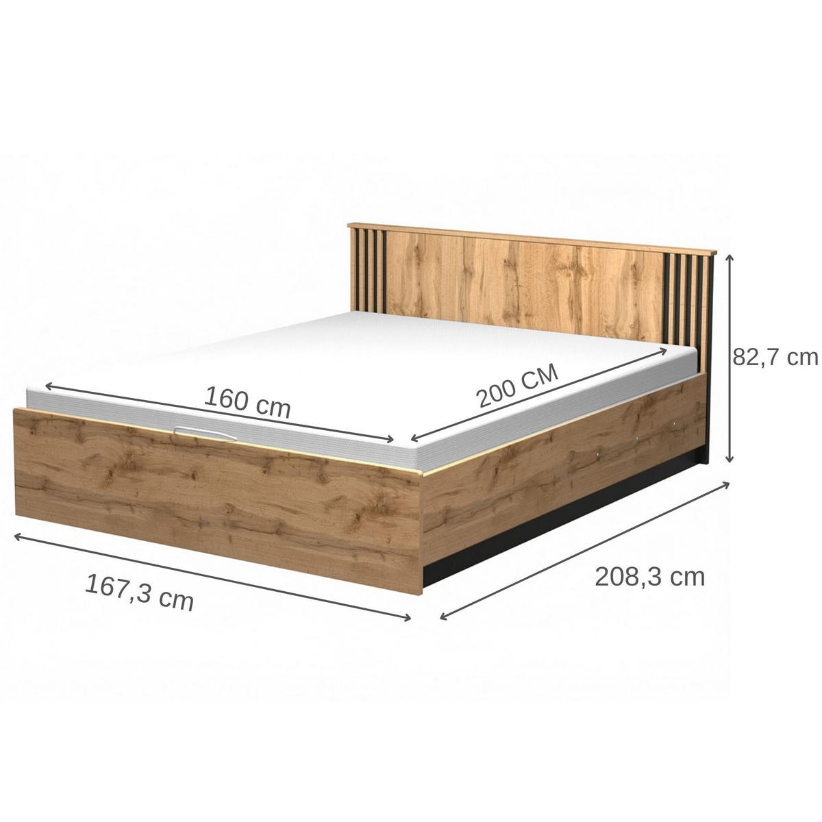 BETT Lamelo mit Bonnelmatratze & Schublade, 160x200 cm, mit Lamellen, Eiche Wotan - Eiche Wotan, Holzwerkstoff (160/200cm) - Beautysofa