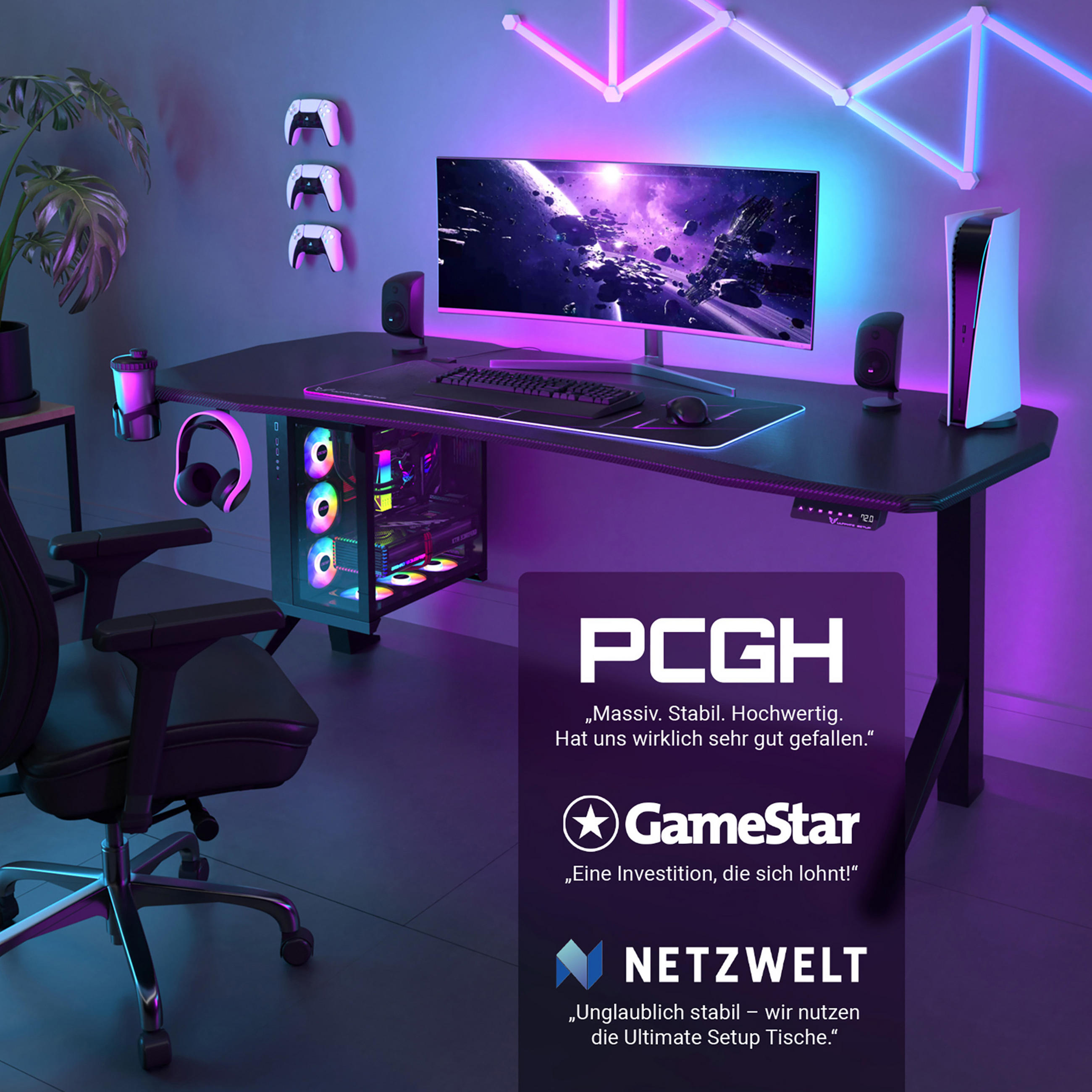 GAMING Tisch höhenverstellbar elektrisch 160x80 cm, Carbon-Optik - Schwarz, Kunststoff (160/80/120cm) - Ultimate Setup