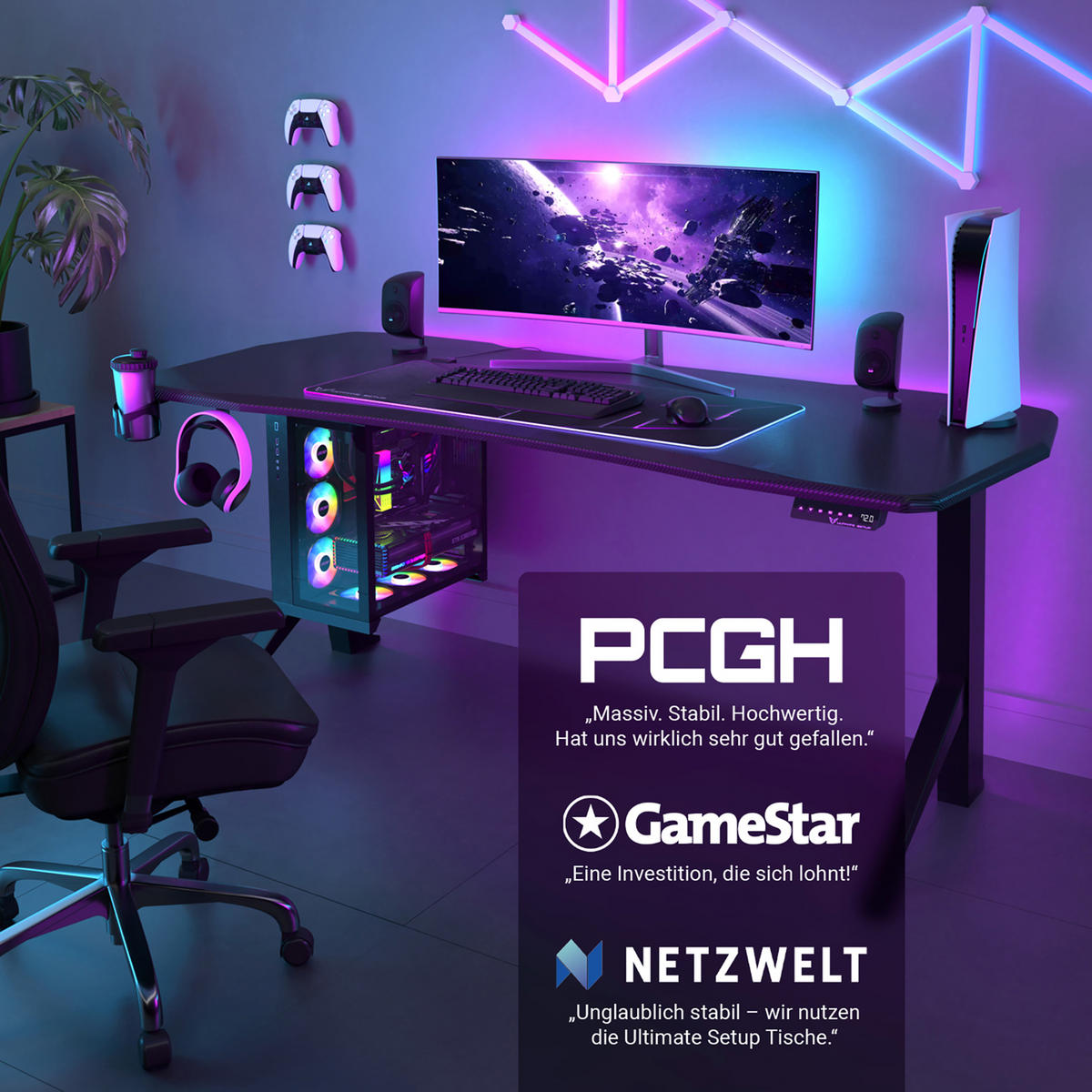 GAMING Tisch höhenverstellbar elektrisch 140x70 cm, Carbon-Optik - Schwarz, Kunststoff (140/70/120cm) - Ultimate Setup