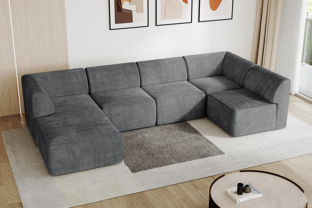 WOHNLANDSCHAFT Ottomane Links MOVA 345x180x78 Dunkelgrau Cord - Dunkelgrau/Anthrazit, Holzwerkstoff/Kunststoff (180/78/345cm) - ALTDECOR
