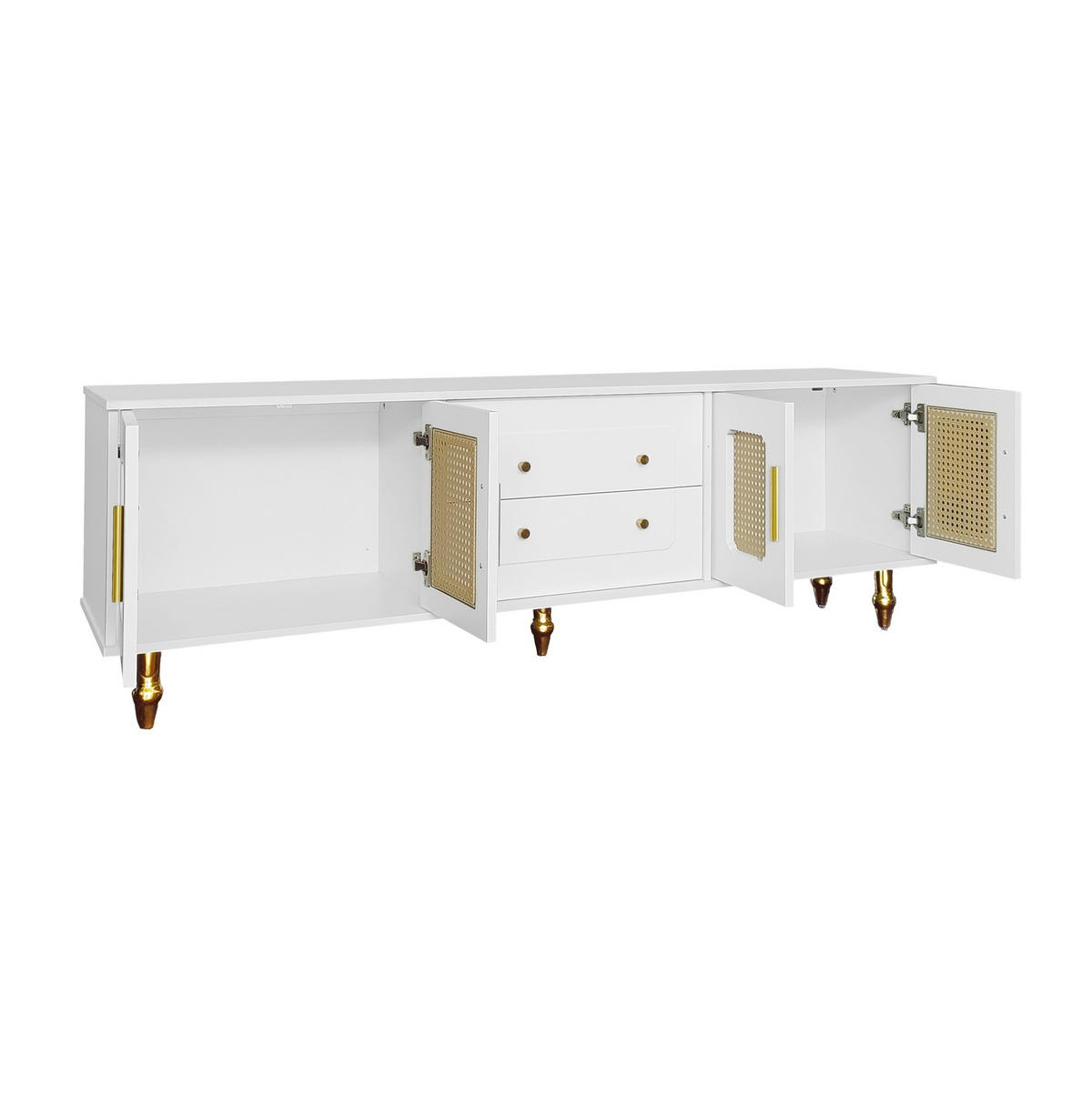 TV-LOWBOARD aus Spanplatte 175x38x55,5 cm Weiß mit Push-to-Open-Schubladen und PVC-Rattantüren - Weiß, Holzwerkstoff (175/55.5/38cm) - Modfu