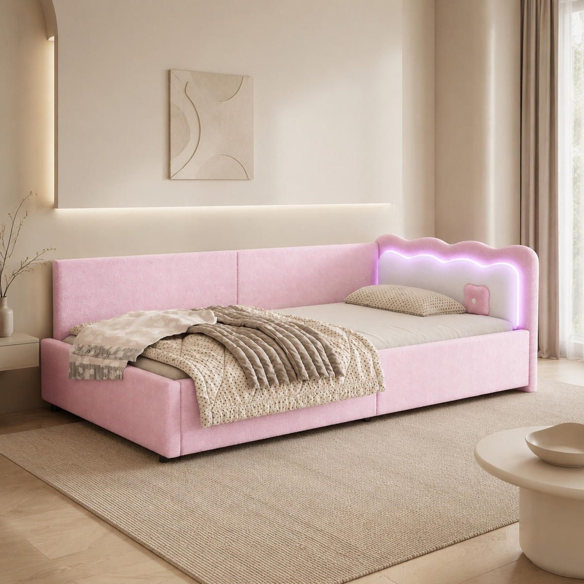 POLSTERBETT 90/200 mit mehrfarbiger App-LED, Lattenrost und Colour-Blocking-Design am Kopfteil in Rosa - Rosa, Holzwerkstoff/Textil (90/200cm) - EVRYAE
