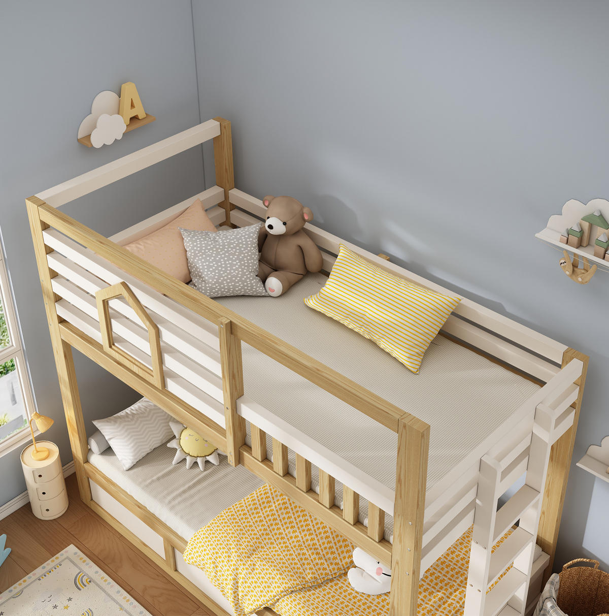 ETAGENBETT Kinderbett 90/200 cm aus Holz mit Hydraulik-Stauraum im Hüttenstil Weiß/Eichefarben - Weiß, Holz (90/200cm) - Modenvie