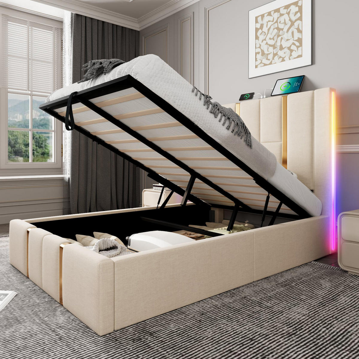 POLSTERBETT 90/200 cm mit Bettkasten, RGB-LED & USB/Typ-C im Kopfteil, Beige - Beige, Textil (90/200cm) - Redom