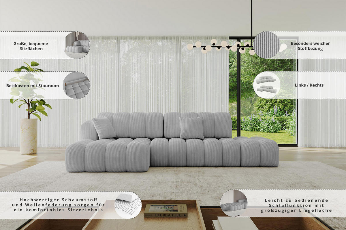 ECKSOFA mit Schlaffunktion Ottomane RECHTS OLEA-L2 321x164x75 Dunkelgrau Velours - Dunkelgrau/Schwarz, Holzwerkstoff/Kunststoff (164/321cm) - ALTDECOR