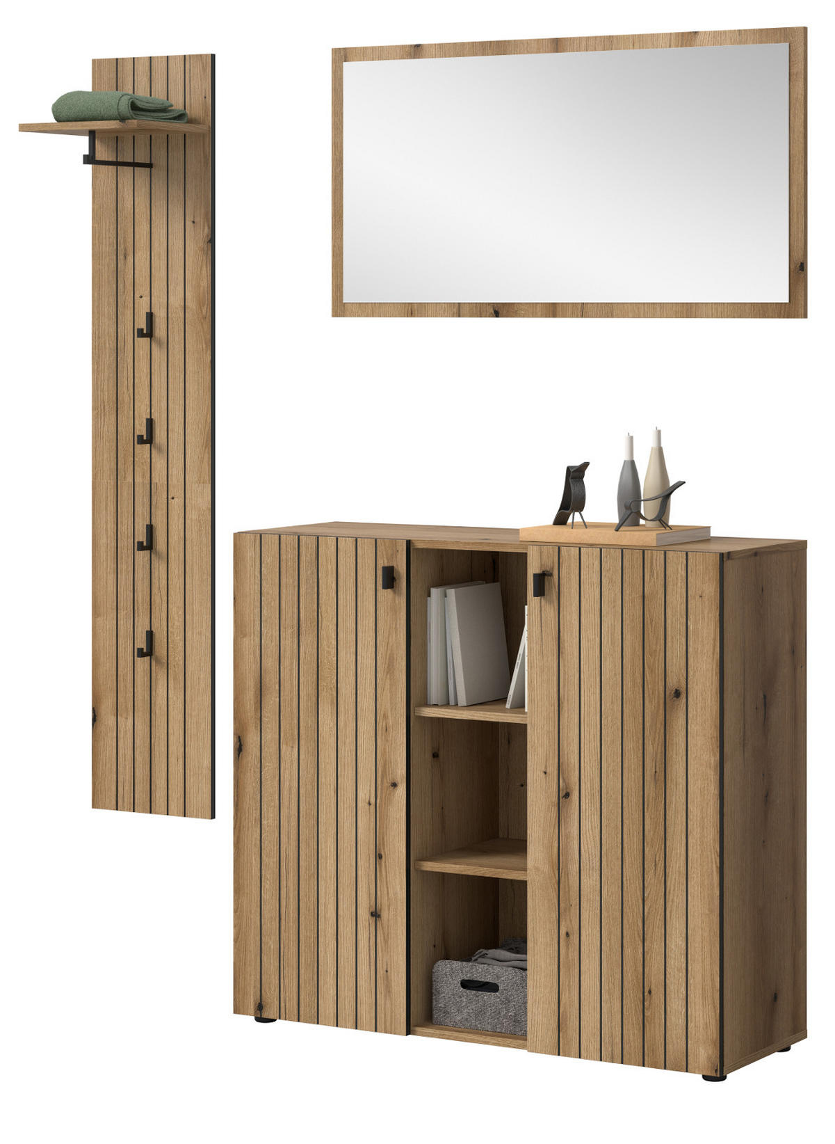 GARDEROBEN-SET Evoke Eiche 3-teilig 152 cm, Flurmöbel mit eingefräster Rillenoptik - Schwarz/Eiche Artisan, Glas/Holzwerkstoff (152/192/37cm) - Inn.Furn