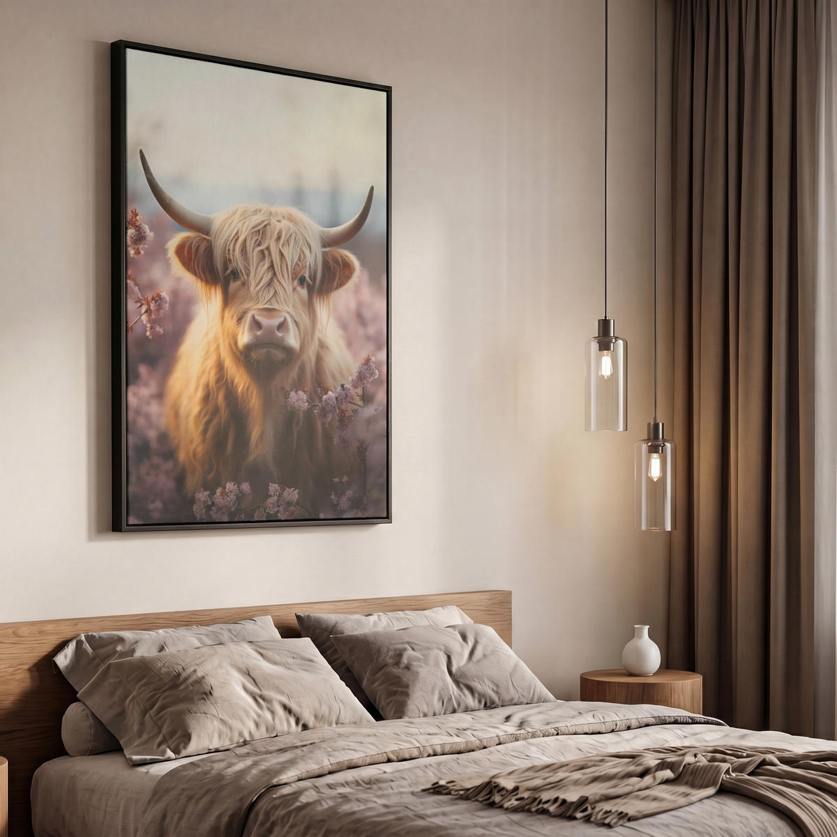 LEINWAND Bilder mit Rahmen - Schottischer Hochländer - Frühling - Hochland - 60x90 - Hellrosa, Textil (60/90cm) - MuchoWow