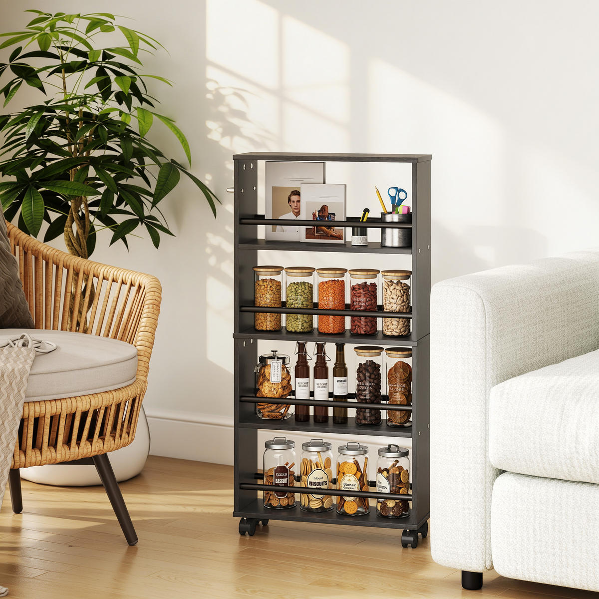 ROLLWAGEN, Schmaler Servierwagen mit 4 Etagen, Griffe, für Küche, Schwarz - Silberfarben/Schwarz, Holzwerkstoff/Metall (15/91/45cm) - HOMCOM