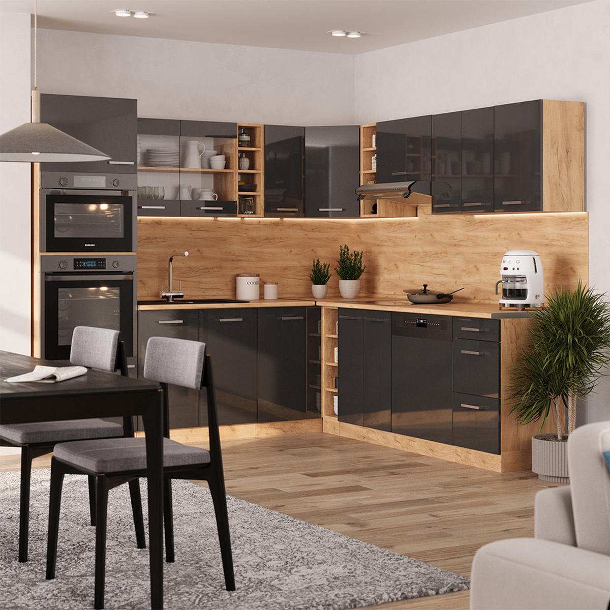 ECKKÜCHE R-Line Anthrazit Hochglanz/Goldkraft Eiche 237 x 60 cm ohne AP - Honigeiche/Anthrazit, Holzwerkstoff (247/81.6/46cm) - Vicco