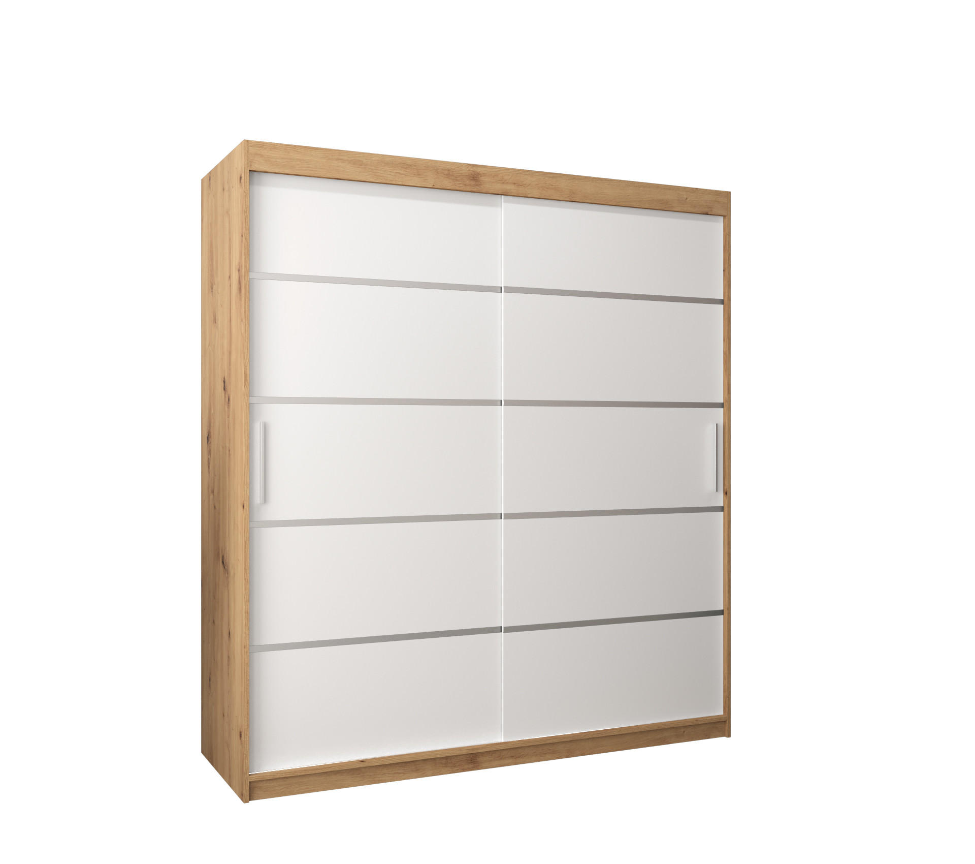 Abiks Möbel Schwebetürenschrank Eiche Artisan, Weiß, Silber 180x200x62 cm