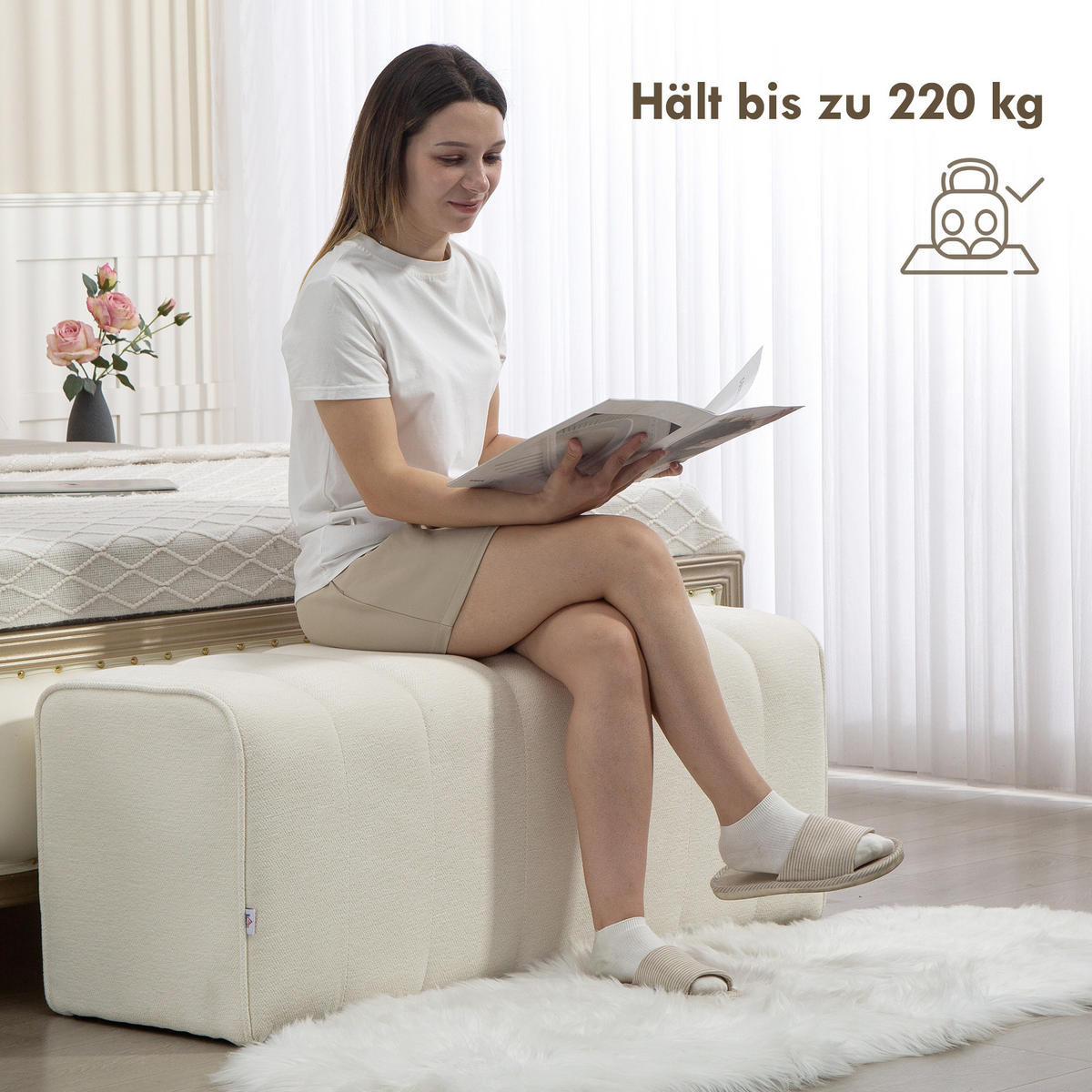 SITZBANK Polsterbank Bettbank mit Leinenoptik, Kanal-Tufting Cremeweiß - Creme, Textil (40/44/110cm) - HOMCOM