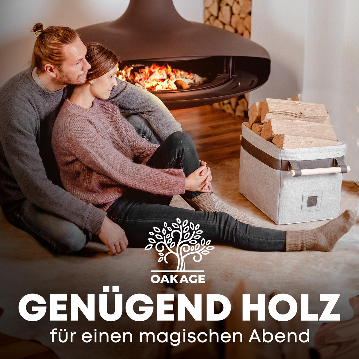 KAMINHOLZKORB Classic Filz mit Metallrahmen für Zusatzstabilität 42/32/35 cm - Grau, Textil (32/35/42cm) - OAKAGE