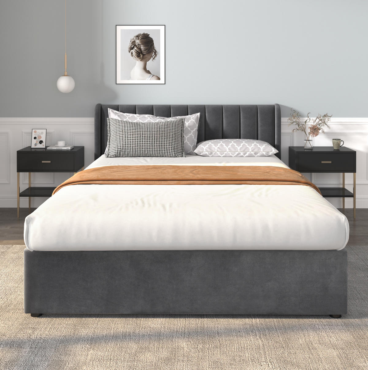 POLSTERBETT 160/200 cm aus Samt mit 2 Schubladen und Lattenrost Grau - Grau, Textil (160/200cm) - Modenvie