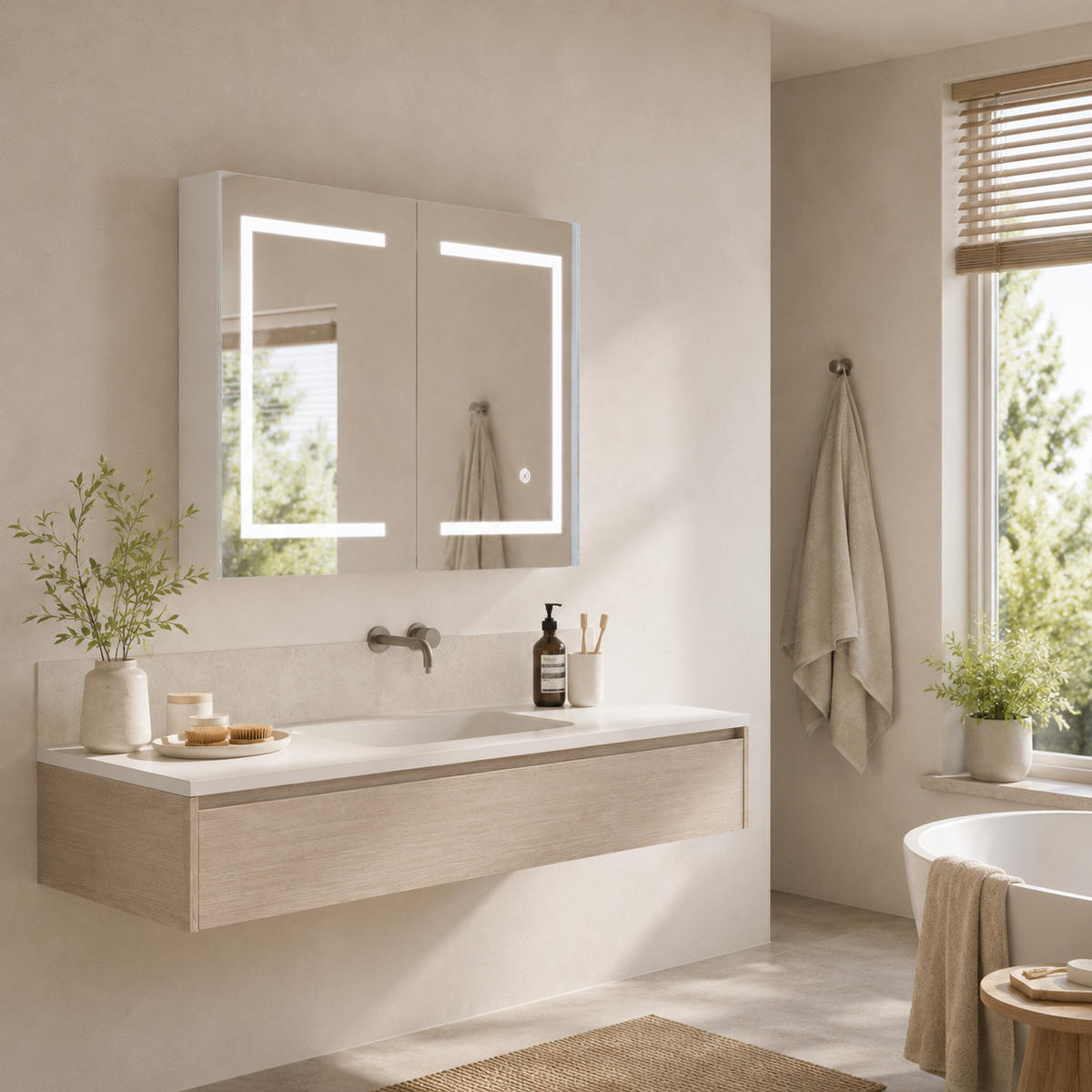 SPIEGELSCHRANK LED 80/60/13.5 cm mit Aufbewahrung, dimmbar, Touch-Schalter, moderner Badezimmer Spiegel mit Stauraum - Weiß, Glas (80/60/13.5cm) - Joyfair