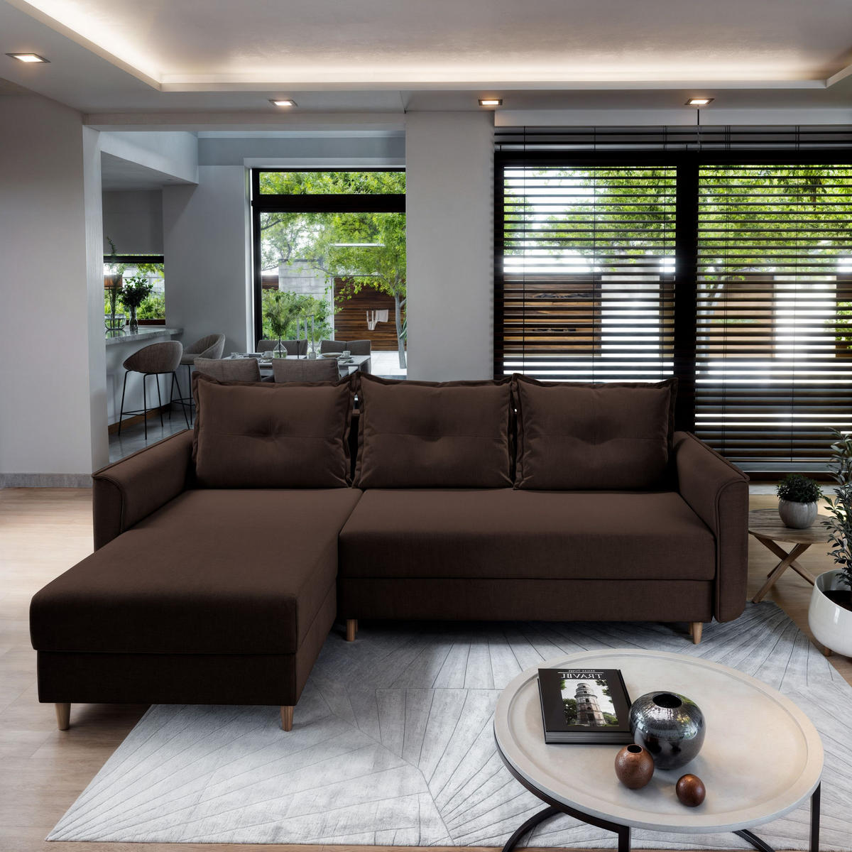 ECKSOFA PISAN R-S Braun Plüsch-Stoff mit Schlaffunktion - Braun, Holz (220/140cm) - MASSENO