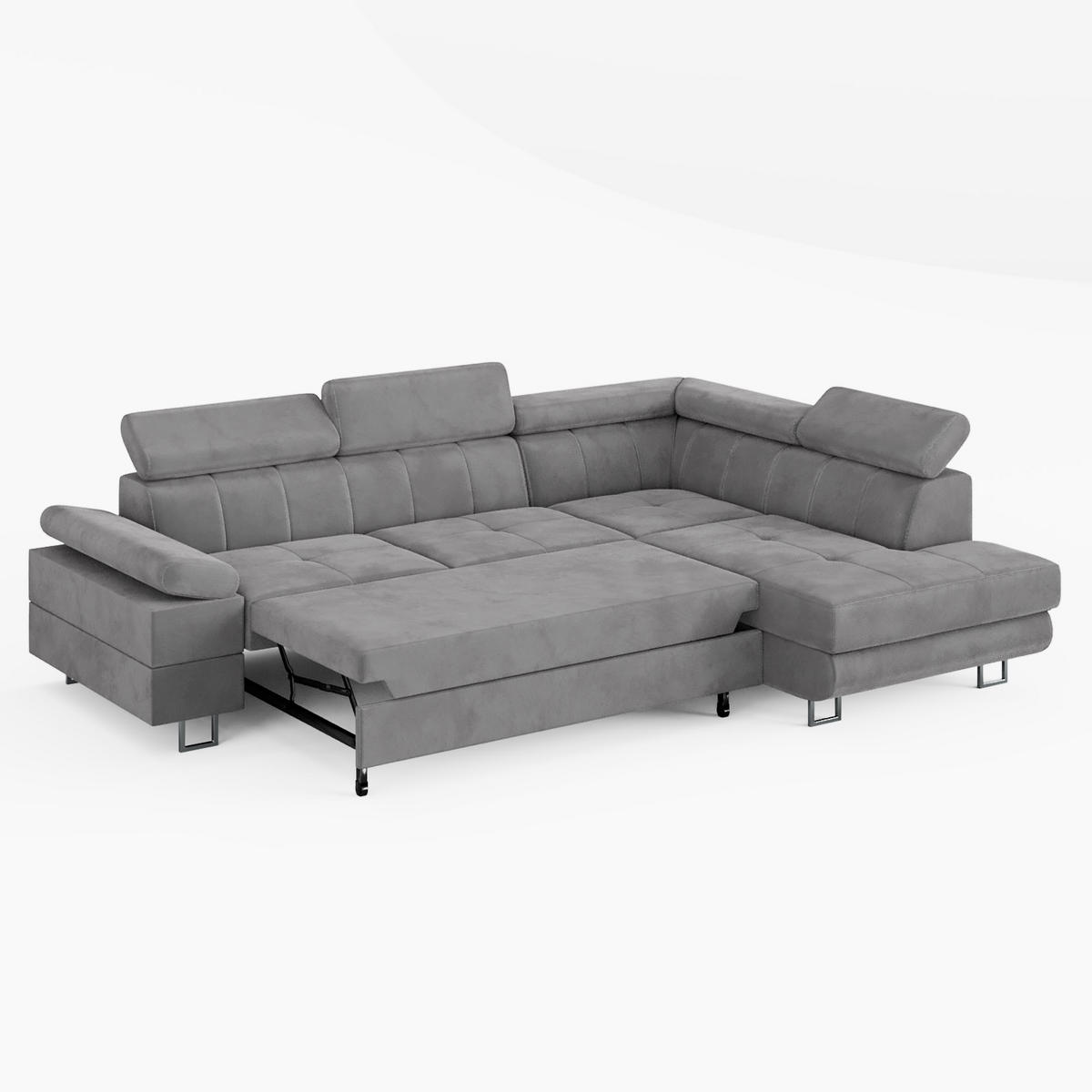 ECKSOFA CAROLINE Rechts Braun Velours-Stoff mit Schlaffunktion und Bettkasten - Chromfarben/Dunkelbraun, Textil (253/190cm) - Barchello