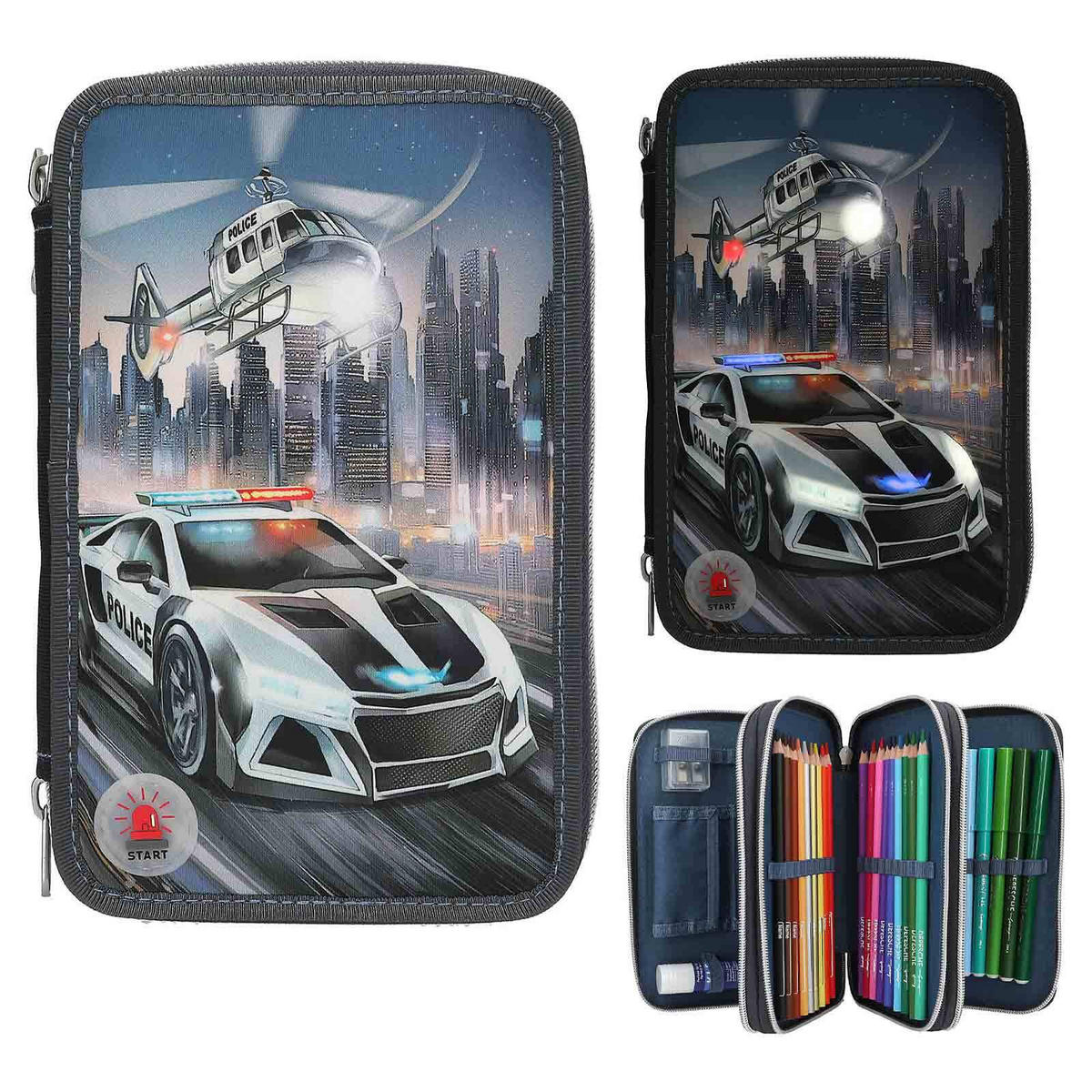 3-FACH FEDERTASCHE LED Monster Cars schwarz-bunt 7,5 x 13 x 20 cm - Multicolor/Schwarz, Kunststoff (13/20/7.5cm) - Depesche Germany