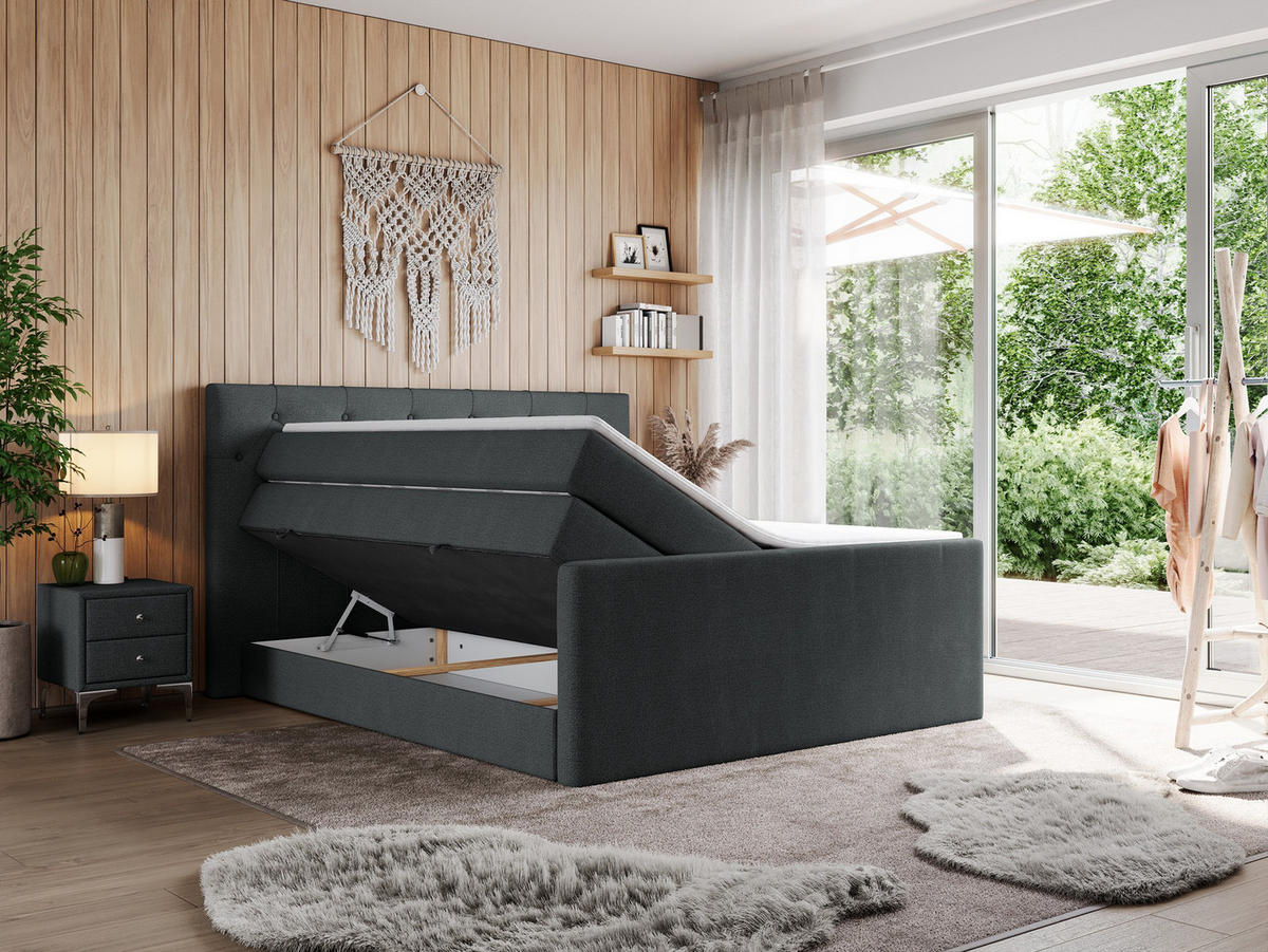 BOXSPRINGBETT KING VELEN 200/200 Dunkelgrau Struktur - H3 - Dunkelgrau, Holz/Textil (200/200cm) - MKS