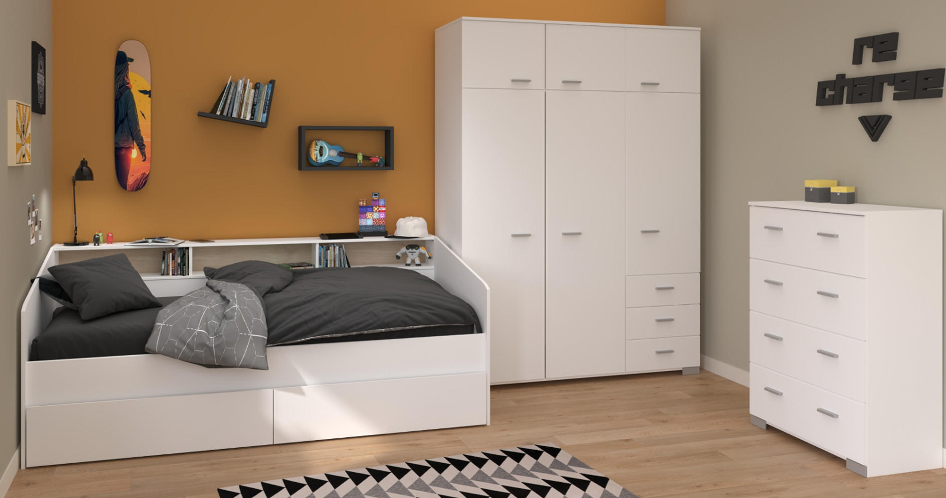 KINDERZIMMER Set 3-tlg. Kleiderschrank Kommode Bett 90x200 cm - Silberfarben/Weiß, Holz/Holzwerkstoff (206/203/113cm) - Parisot Meuble