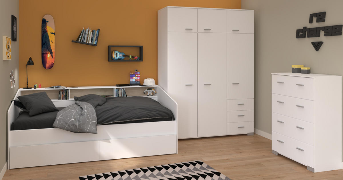 KINDERZIMMER Set 3-tlg. Kleiderschrank Kommode Bett 90x200 cm - Silberfarben/Weiß, Holz/Holzwerkstoff (206/203/113cm) - Parisot Meuble