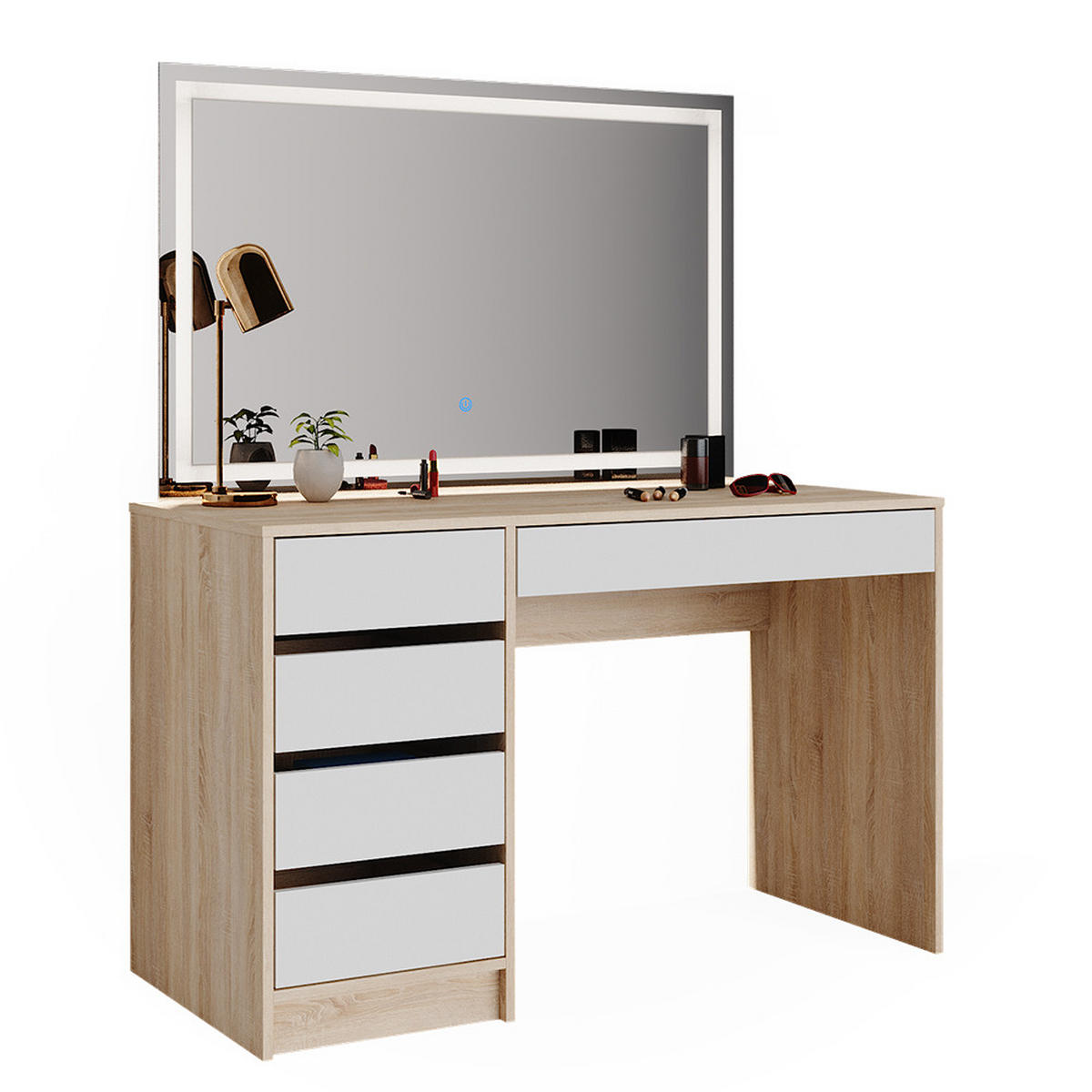 SCHMINKTISCH Sherry Weiß/Sonoma 120 cm mit LED-Spiegel - Weiß/Sonoma Eiche, Holzwerkstoff (120/75/55cm) - Vicco
