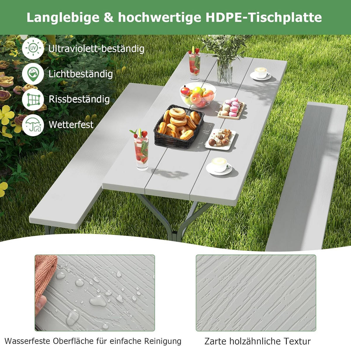 BIERTISCHGARNITUR Grau(3-teilig) - Grau, Holzwerkstoff (161/183/76cm) - COSTWAY