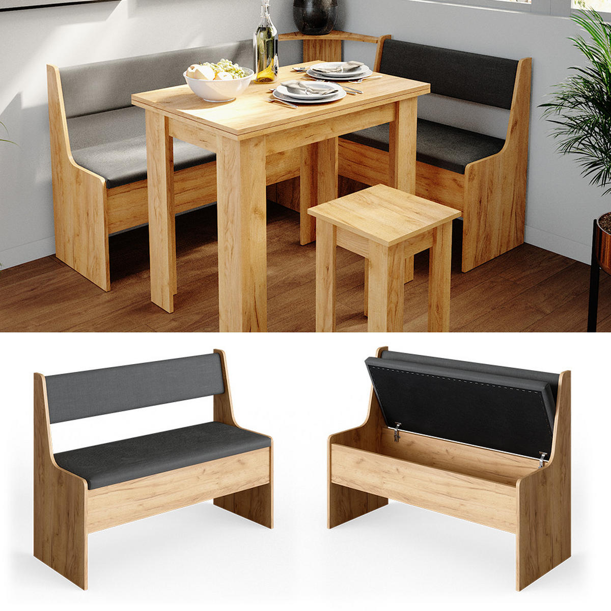 ESSZIMMER-BANK Roman Sandeiche 106.6 x 41.5 cm - Anthrazit/Eiche Wotan, Holzwerkstoff (41.5/80/106.6cm) - Vicco