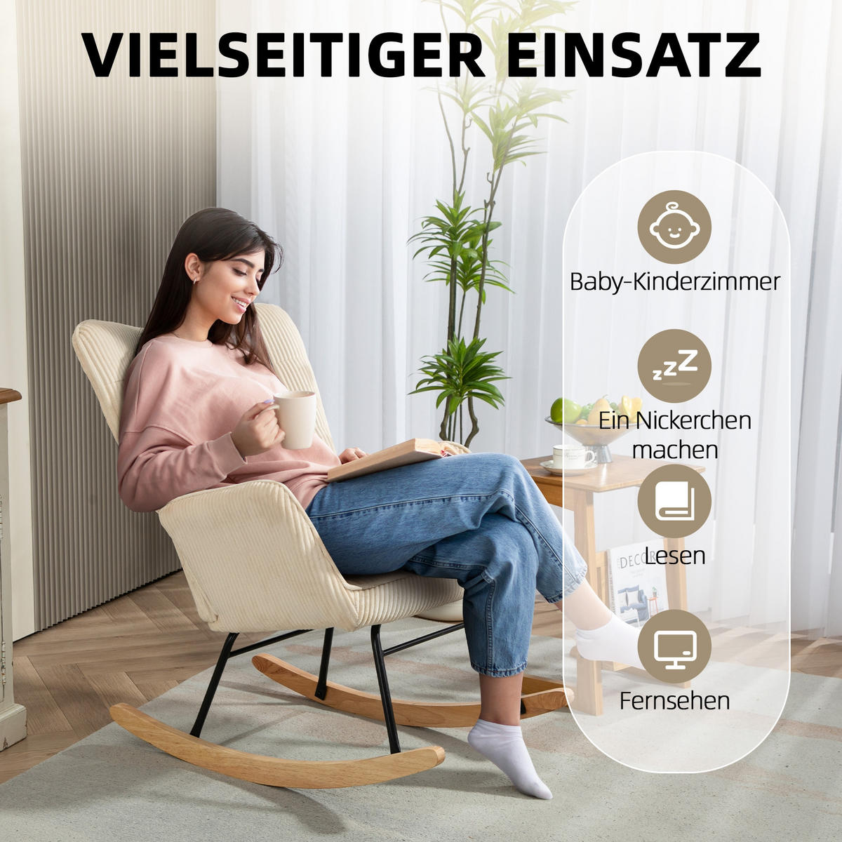 SCHAUKELSTUHL Beige mit Armlehne und Holzkufen - Beige, Textil (98/101/71cm) - Oxeza