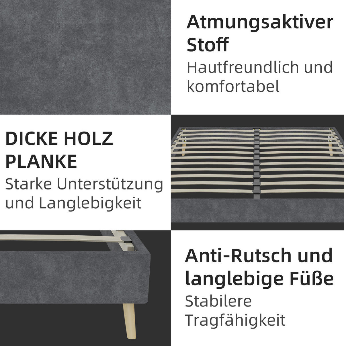 POLSTERBETT 160/200 cm grau aus Stoff und Metall mit Kopfteil - Grau, Textil (160/200cm) - OKWISH