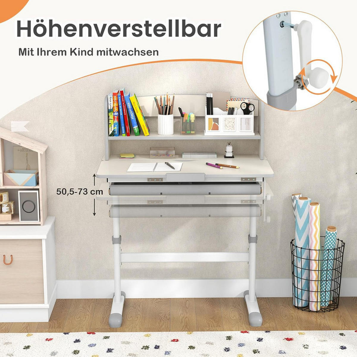 KINDERSCHREIBTISCH Höhenverstellbarer grau - Grau, Metall (80/81.5/51cm) - COSTWAY