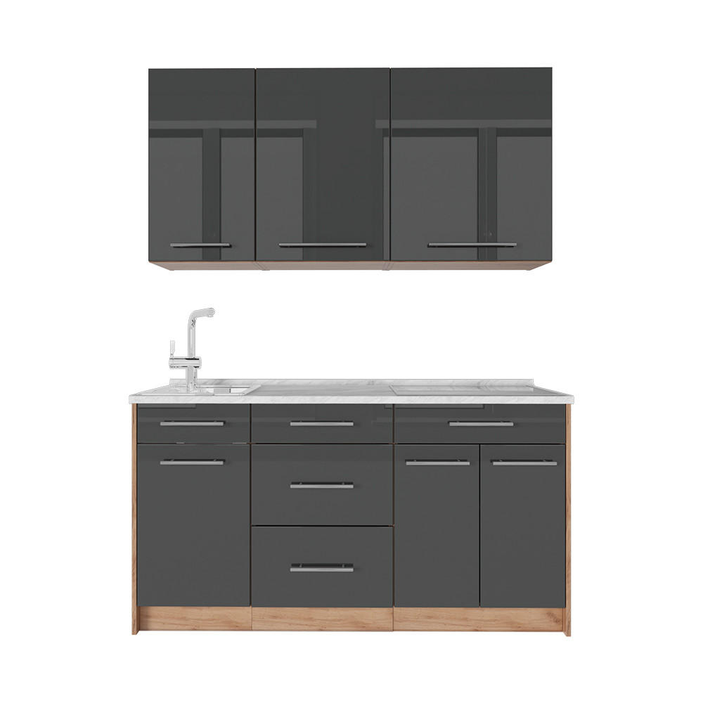 SINGLEKÜCHE Fame-Line, Anthrazit Hochglanz/Goldkraft Eiche, 150 cm, AP Marmor - Honigeiche/Schwarz Hochglanz, Holzwerkstoff (150/82/60cm) - Vicco