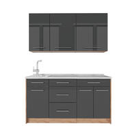 SINGLEKÜCHE Fame-Line, Anthrazit Hochglanz/Goldkraft Eiche, 150 cm, AP Marmor - Honigeiche/Schwarz Hochglanz, Holzwerkstoff (150/82/60cm) - Vicco