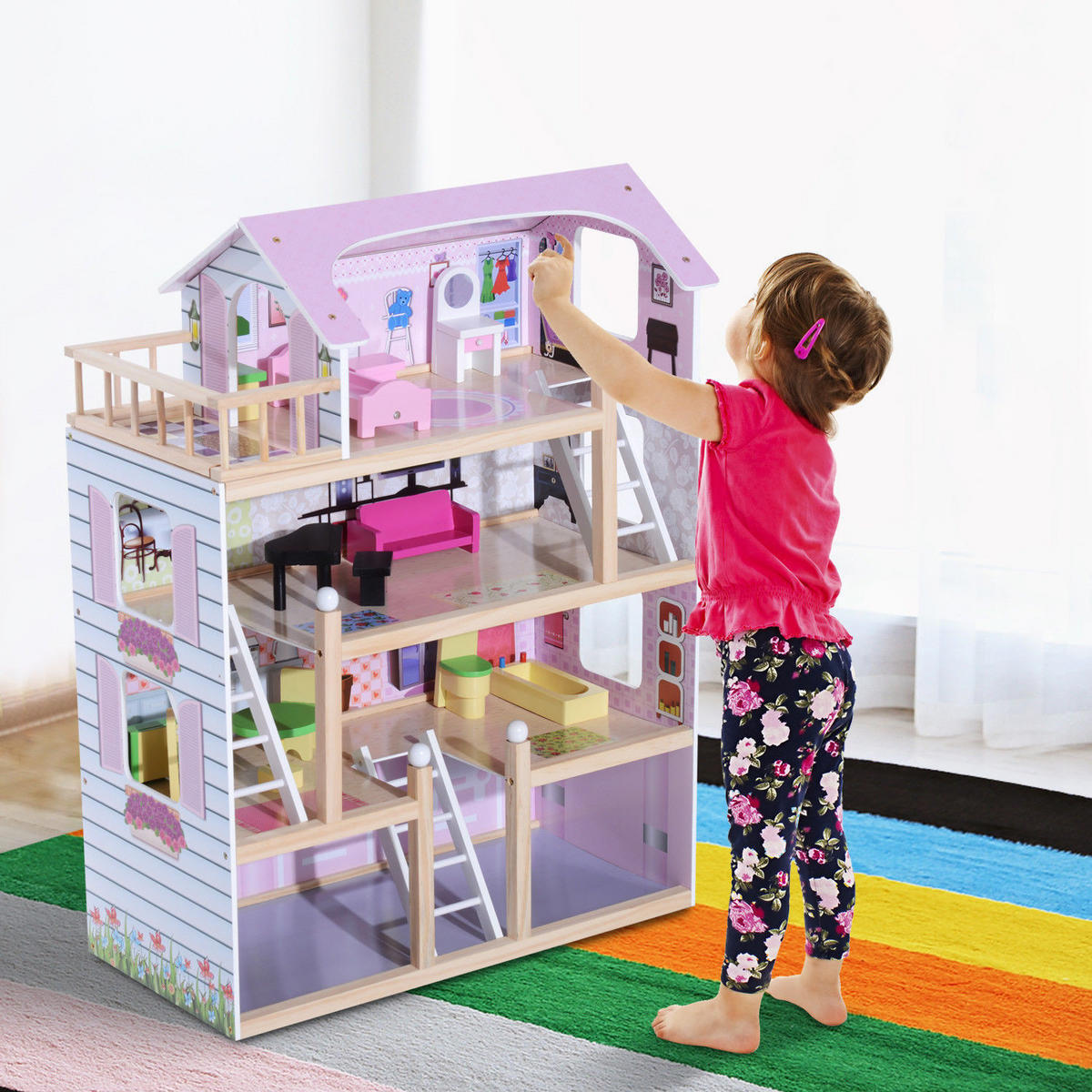 PUPPENHAUS DE-18719 4 Etagen mit 13 Accessoires & Balkon Weiß und Rosa - Pink, Holzwerkstoff (30/80/60cm) - ComfortXL
