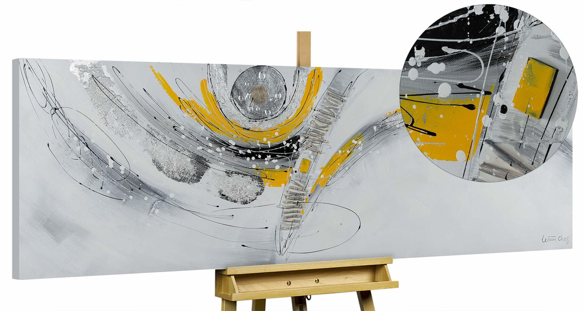 ACRYLBILD HANDGEMALT 150/50 cm - Gelb/Silberfarben, Holz/Textil (150/50cm) - KUNSTLOFT
