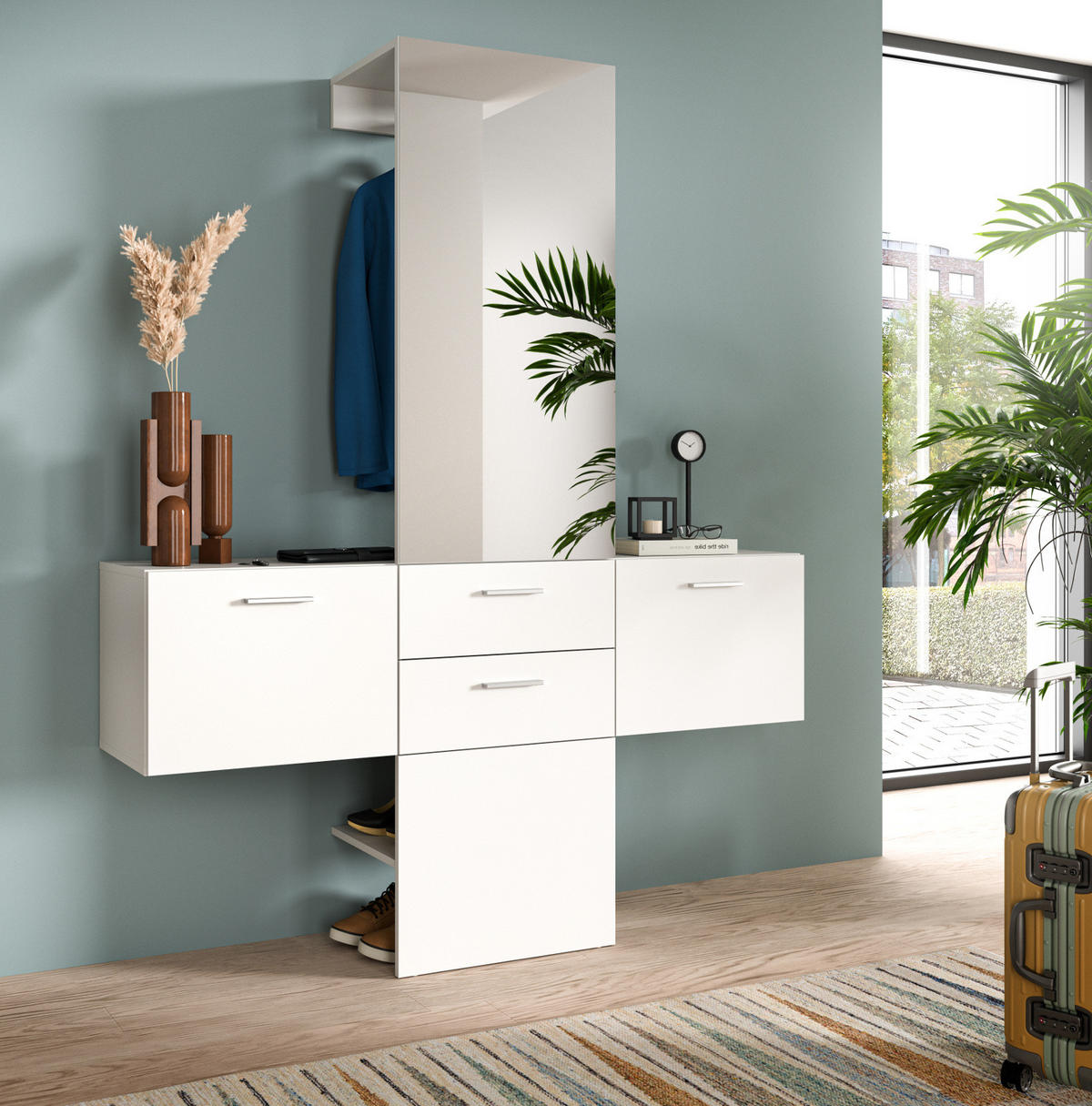 GARDEROBE Set 3-teilig weiß 156 cm, Komplettset mit Spiegel - Silberfarben/Weiß, Glas/Holzwerkstoff (156/190/36cm) - Inn.Furn