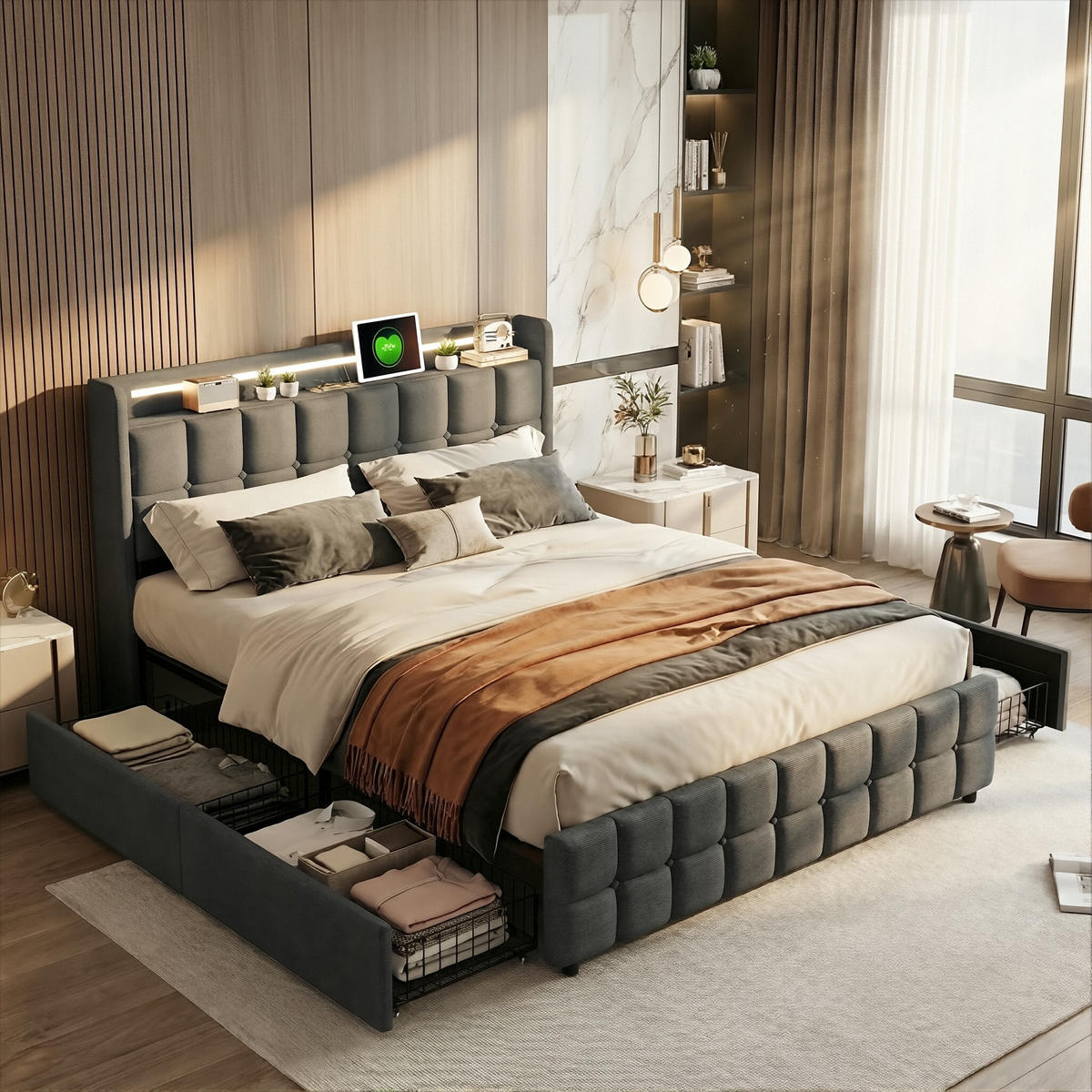 POLSTERBETT Geometrisch 160/200 cm mit 4 Schubladen & LED Leinenoptik Grau - Grau, Textil (160/200cm) - Creahappy