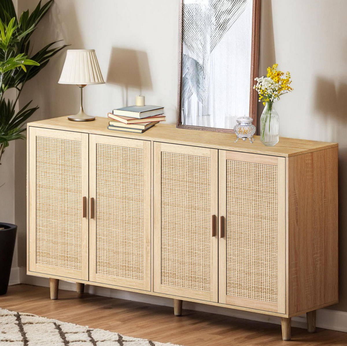 SIDEBOARD 158/40/88 cm aus Spanplatte mit 4 Rattantüren und verstellbarem Einlegeboden, Natur - Naturfarben, Holzwerkstoff (158/88/40cm) - Redom