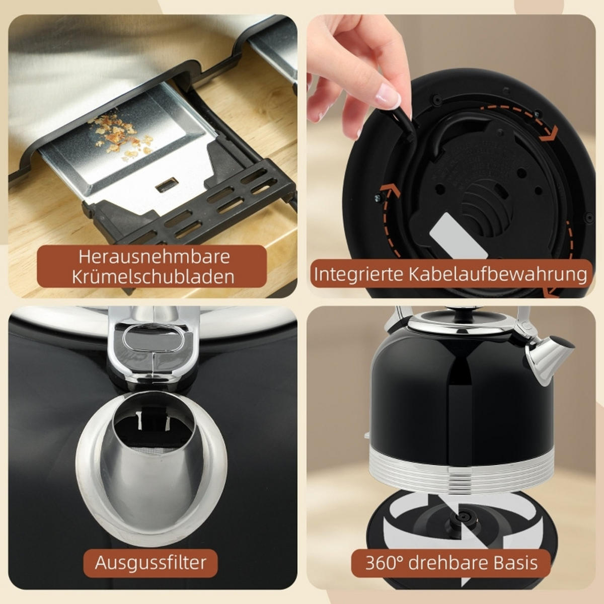 WASSERKOCHER-TOASTER , Retro Design, Edelstahl, Schwarz, 24,2/19,3/26,8 cm - Schwarz, Kunststoff (19.3/26.8/24.2cm) - Rolipo