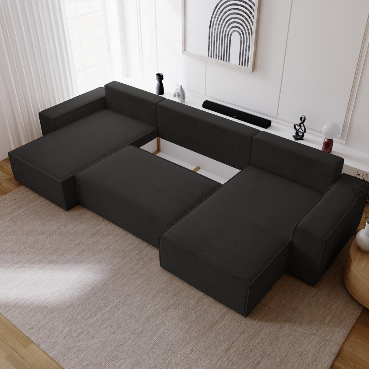 ECKSOFA 380 cm Bergamo U mit Bettkasten, Samt, Schwarz - Schwarz, Holz (377/189cm) - Emporius