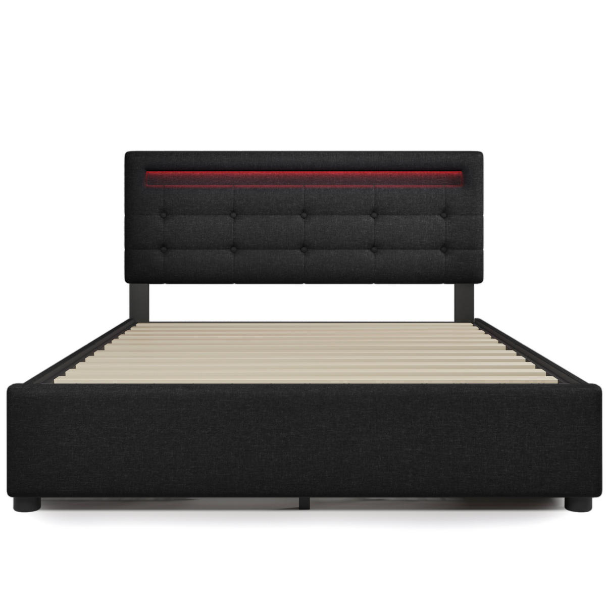 POLSTERBETT aus Leinen und Metall 140x200 cm Schwarz mit LED-Beleuchtung, 4 Schubladen und verstellbarem Kopfteil - Schwarz, Textil (140/200cm) - IVMEU