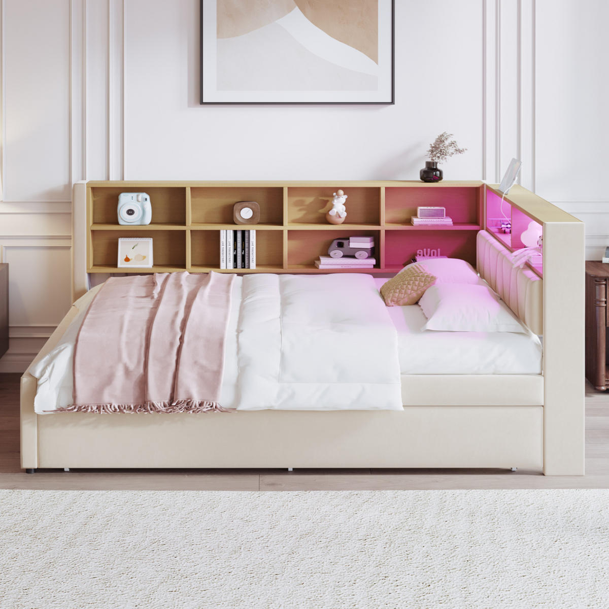 KREVET 140/200 cm s izvlačnim ležajem 90/190 cm, LED osvjetljenjem i USB priključcima, Bež - bež, tekstil (213/98/153cm) - Redom